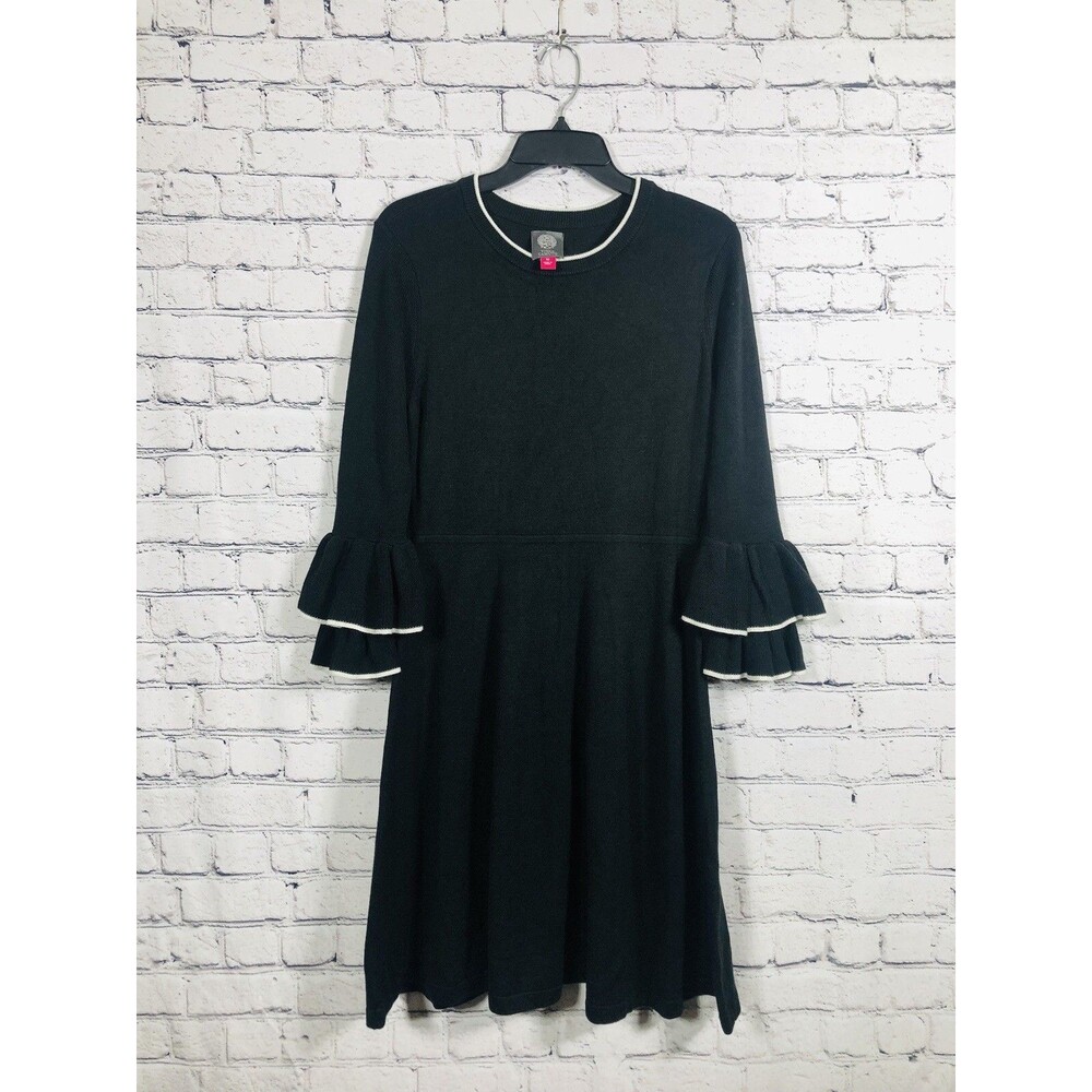 Vince Camuto Women‎ Black Ruffle Bell Sleeve Knit Dress Tipped Trim Size M
